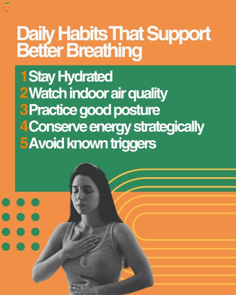 Woman practicing calm breathing with hand on chest, next to a list of five daily habits supporting better breathing.