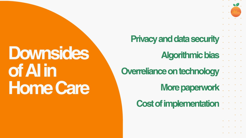 Infographic listing downsides of AI in home health care: privacy, bias, overreliance, paperwork, cost