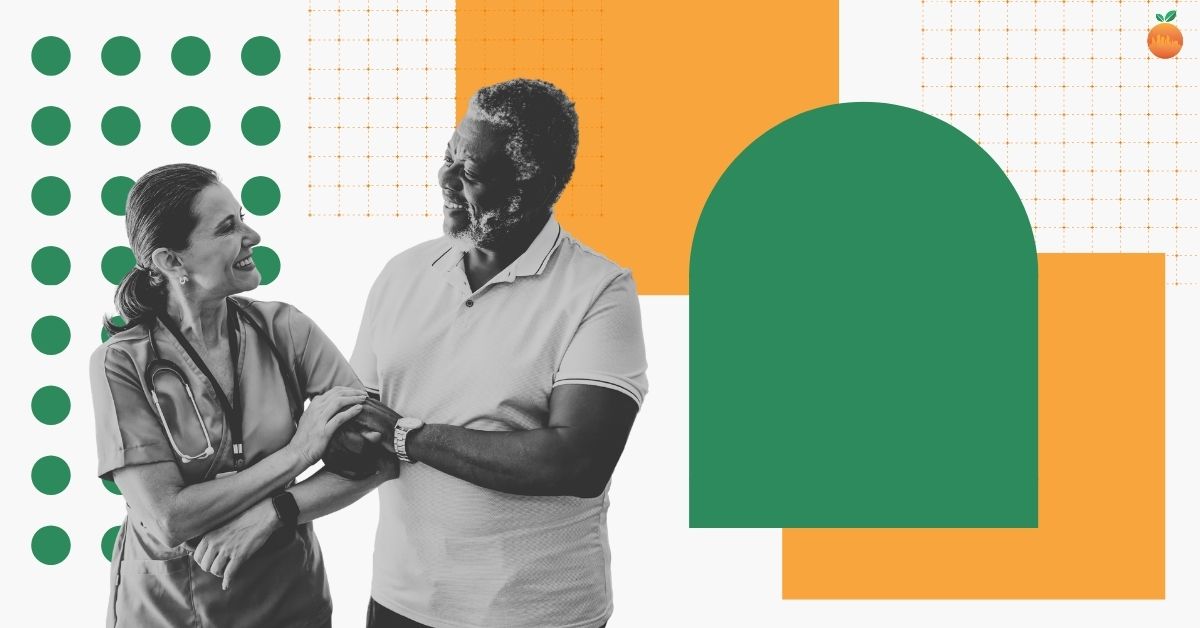 A home health nurse smiling and holding hands with a senior male patient, representing compassionate Medicare-covered home care from City Choice Home Health Care of Florida.