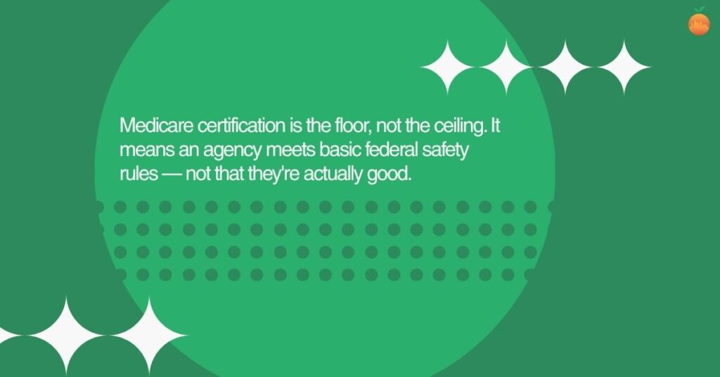 Text graphic reading "Medicare certification is the floor, not the ceiling. It means an agency meets basic federal safety rules — not that they're actually good.