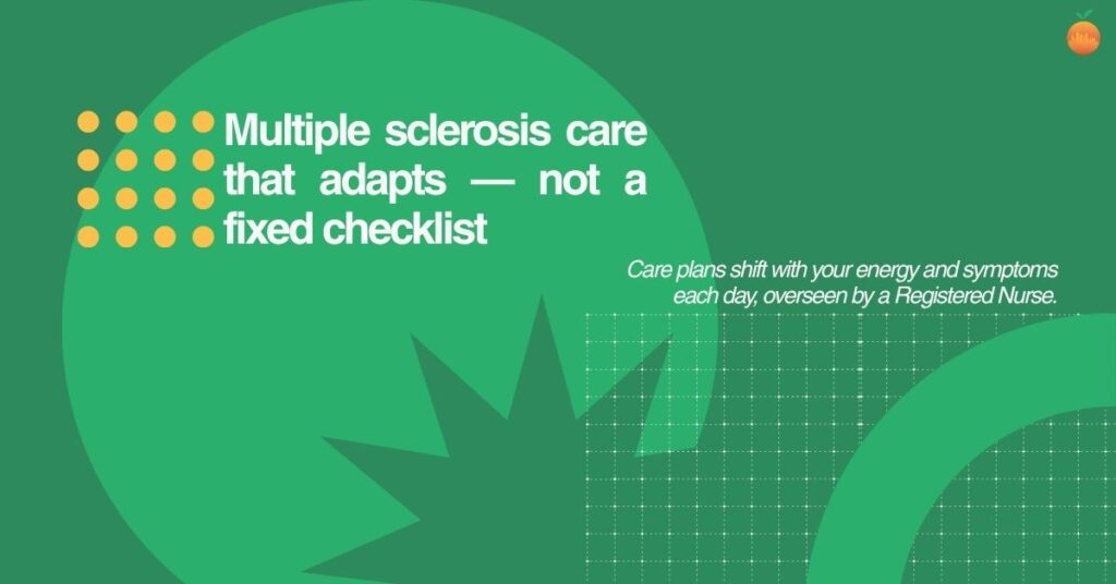 Text graphic reading "Multiple sclerosis care that adapts — not a fixed checklist," with a note that care plans shift daily under RN oversight.
