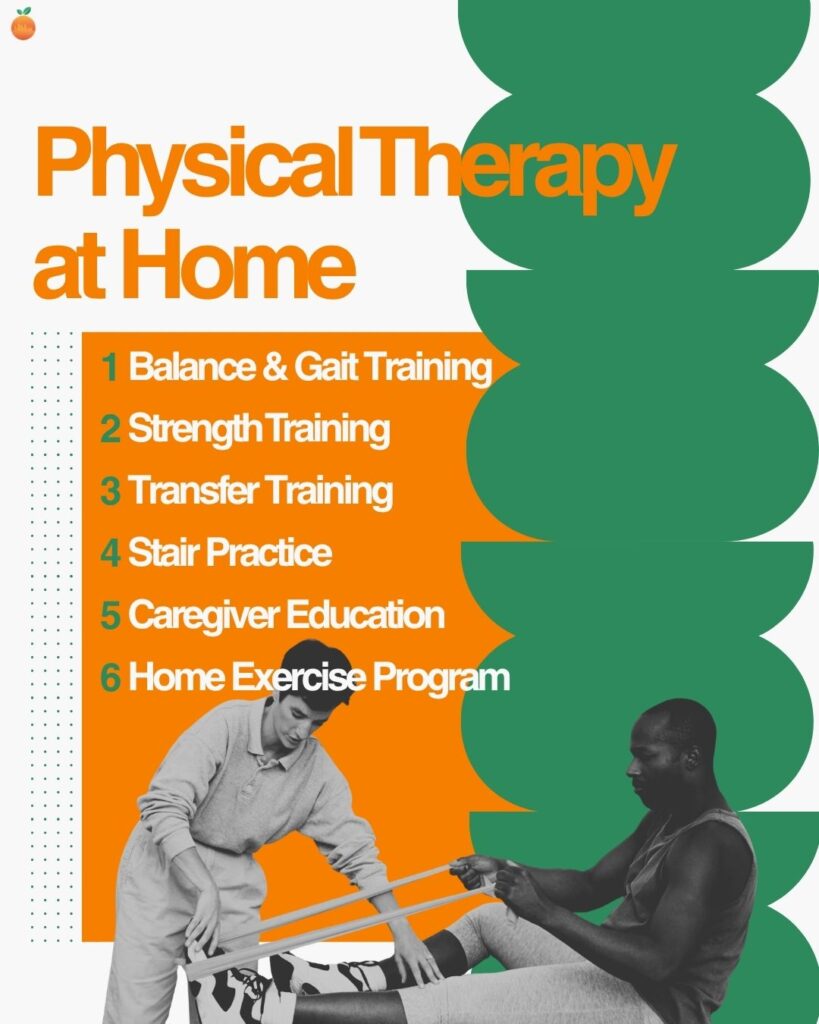 Infographic titled "Physical Therapy at Home" listing six services: balance and gait training, strength training, transfer training, stair practice, caregiver education, and home exercise program, with a black-and-white photo of a therapist assisting a patient with resistance band exercises.