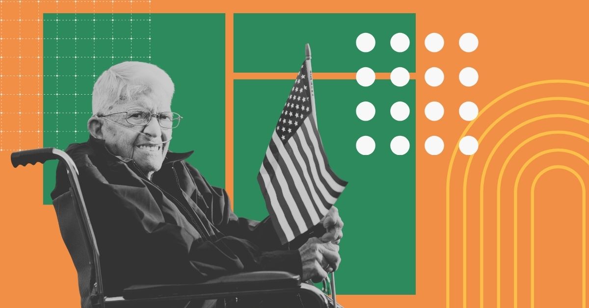 An elderly veteran in a wheelchair smiling while holding an American flag, representing home health care services supported through veteran benefits with City Choice Home Health Care of Florida.