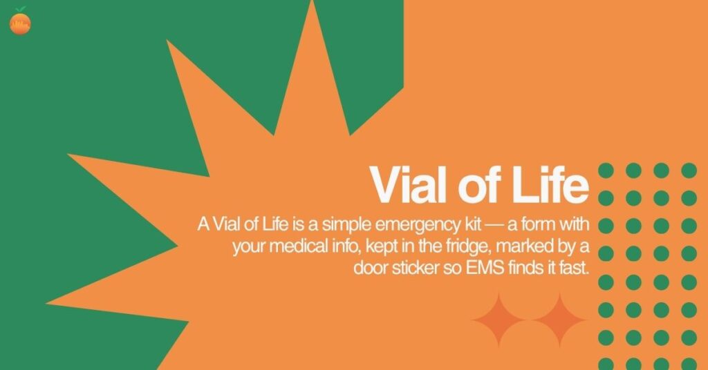 Text graphic explaining a Vial of Life as a simple emergency kit with medical info kept in the fridge, marked by a door sticker.