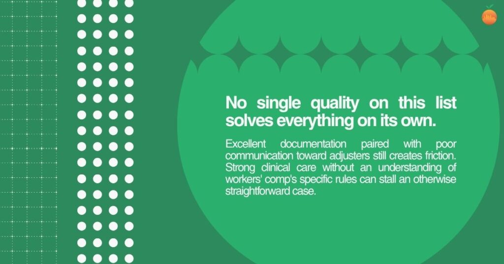 Quote graphic: no single quality solves everything for workers' comp home health cases on its own.
