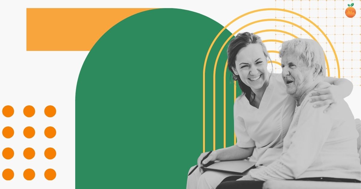 A smiling home health nurse sitting with an elderly female patient, reviewing her care plan together, representing personalized in-home care covered through insurance with City Choice Home Health Care of Florida.