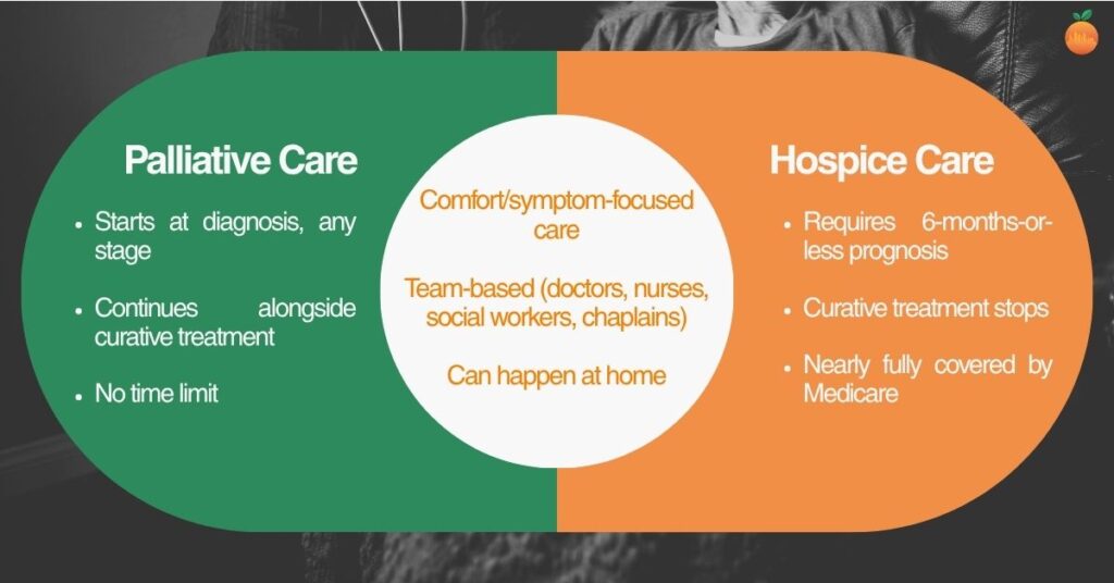 A Venn diagram comparing palliative care and hospice care, with palliative care's unique traits on the left, hospice's on the right, and shared traits like comfort-focused, team-based care in the overlapping middle circle.