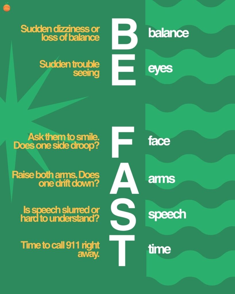 BE FAST stroke warning signs checklist: Balance, Eyes, Face, Arms, Speech, and Time to call 911