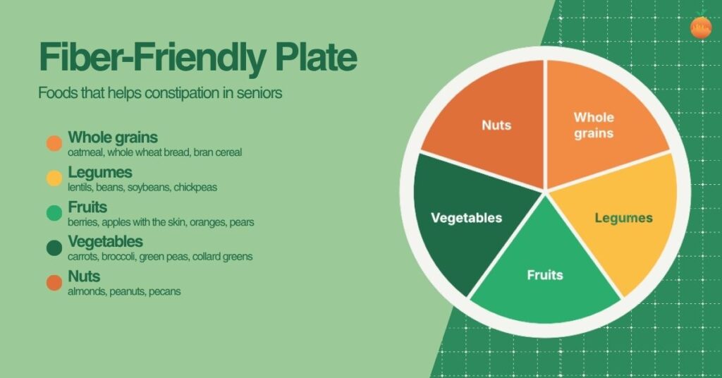 Plate graphic showing five fiber-rich food groups for seniors: whole grains, legumes, fruits, vegetables and nuts, with examples of each