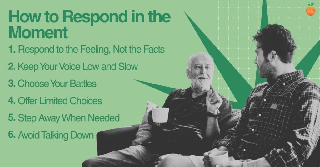Infographic titled "How to Respond in the Moment" listing six tips for talking with a difficult parent, beside a photo of an older man and a younger man talking over coffee on a couch.
